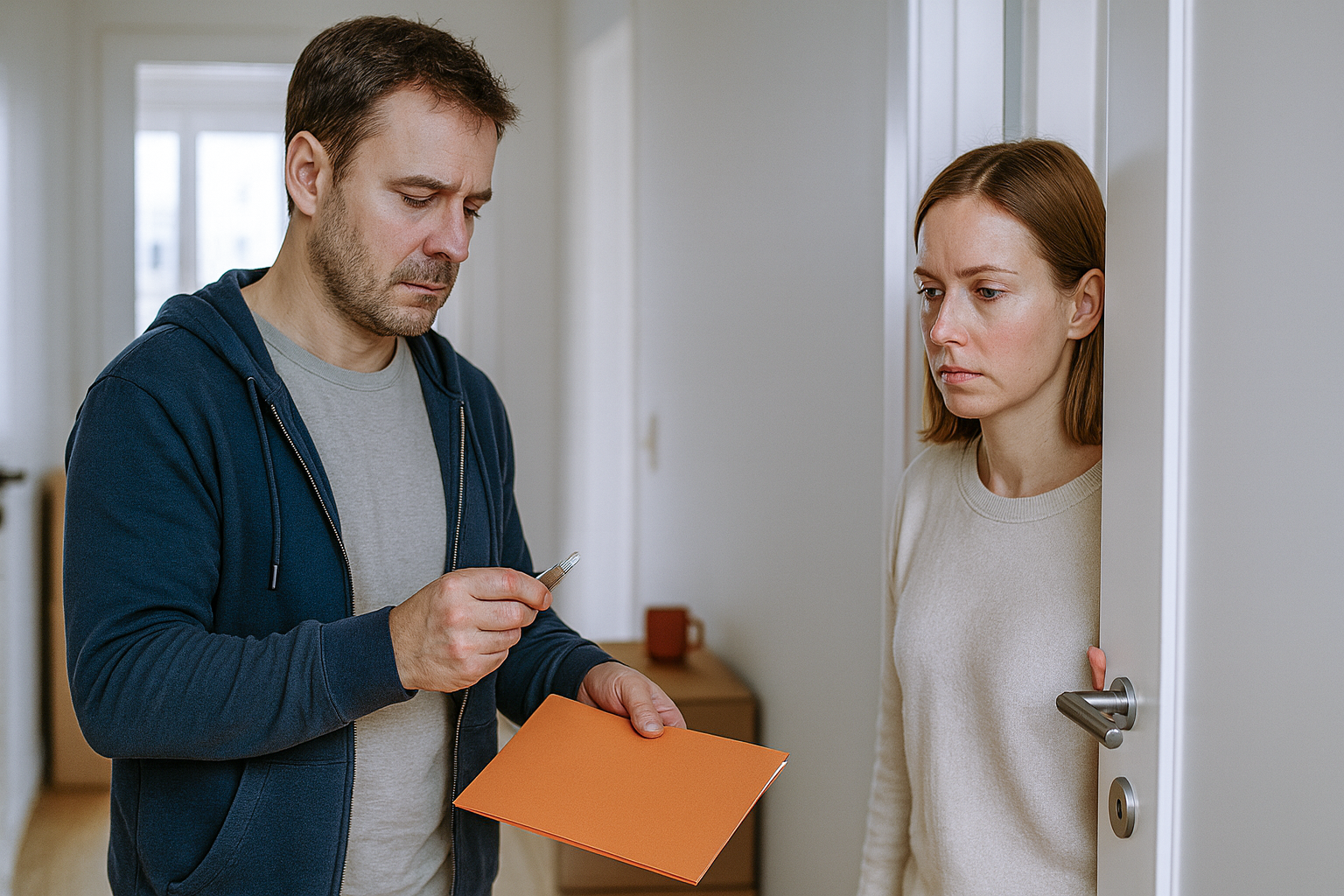 Mann übergibt Unterlagen an Frau in der Wohnung – Symbolbild für die Frage, wer die Ehewohnung nach der Trennung nutzen darf; anwaltliche Beratung zu Scheidung, Ehewohnung und Familienrecht in Weinstadt.
