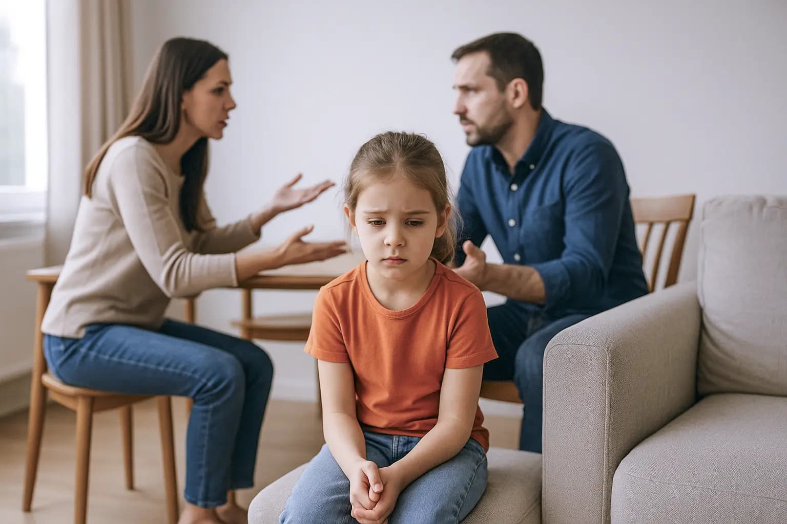 Trauriges Kind vorne, Eltern streiten im Hintergrund – Symbolbild zu Trennung/Scheidung, elterlicher Sorge, Umgangsrecht und Kindesunterhalt; Familienrecht in Weinstadt (Anwaltskanzlei Fuchs).