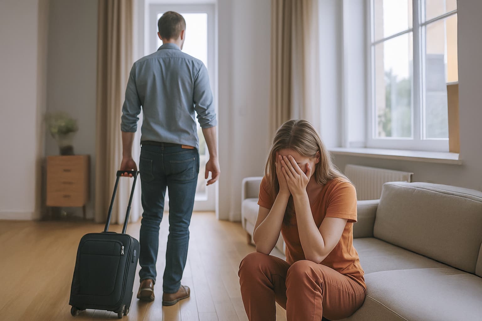 Mann verlässt die Wohnung mit Koffer, Frau sitzt weinend auf dem Sofa – Symbolbild für Getrenntleben, Trennungszeitraum und Scheidung nach § 1567 BGB; Beratung im Familienrecht in Weinstadt (Anwaltskanzlei Fuchs).